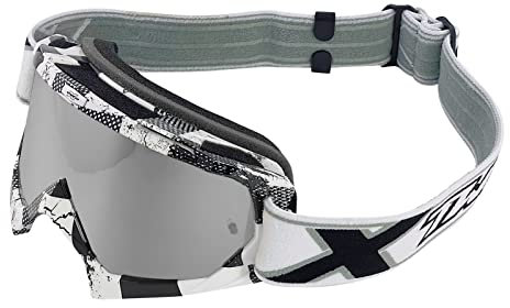 TWO-X Cross-Brille - Motocross-Brille mit verspiegeltem silbernen Glas - Motorrad-Brille - Enduro & Downhill - Modell Race - Factory Weiß-Schwarz