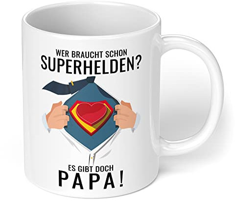Papa Tasse Wer braucht schon Superhelden - es gibt doch Papa - Kaffeetasse mit Spruch, Kaffeebecher, das ideale Geschenk zum Geburtstag, Vatertag, Weihnachten (Weiß)