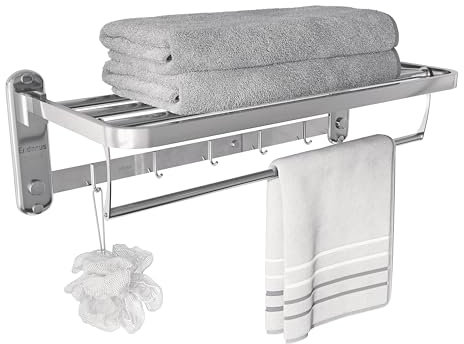 Eridanus Porta Asciugamani Bagno, Portasciugamani da Parete con Mensole Doppia in Accaio Inox SUS304, Mensola Portasciugamani con Ganci, Pieghevole, Lucido, Scaffale Barre, Stile Hotel - 60x19x24 cm
