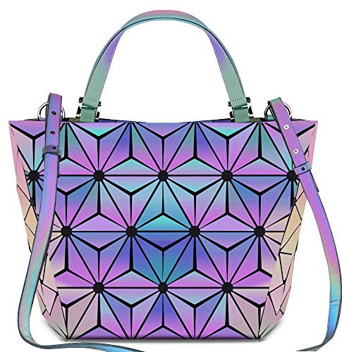 BestoU Damen Handtaschen Gitter Design Geometrische Leuchtende Tasche Schwarz PU-Leder Einzigartige Geldbörsen Frauen Umhängetasche (Leuchtende 1)