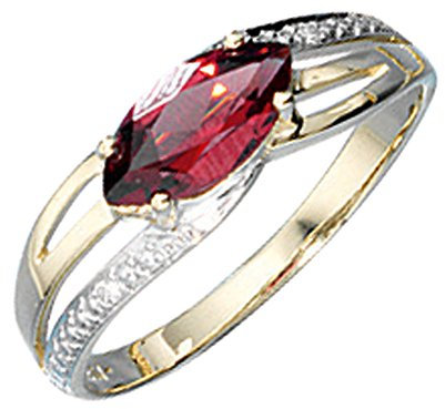 Jobo Damen-Ring aus 585 Gold Bicolor mit Granat und 2 Diamanten Größe 60