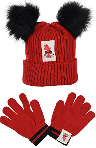 Minnie Mouse, Set Bonnet à Pompons et Gants (Rouge, 52)