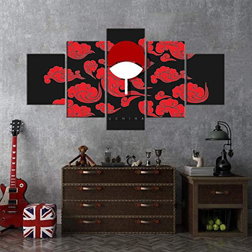 SINGLEAART Leinwanddrucke,5 Teilige Leinwand,5 Stück Wandbild,Wohnzimmer Dekoration,Modular Wandkunst,Brettmalerei,Geburtstagsgeschenk,Uchiha Clan Naruto Anime Post,150Cm×80Cm,Mit Rahmen