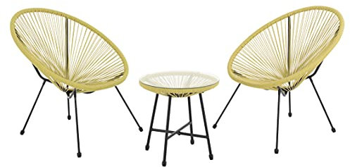 EVRE Goa Yellow Acapulco Styled Egg Shape Conversational Garden Furniture Bistro Patio Outdoor Set For Balconies Gardens Terraces 2 Chairs 1 Glass Top Table