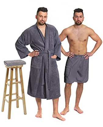 Interkontakt SET - Herren Bademantel - Model Kimono + Saunakilt + Handtuch/Dunkelgrau/L