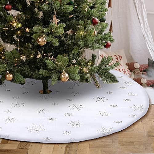 JOYUE Weihnachtsbaumdecke Rund 90 cm Weihnachtsbaumrock mit Silber Schneeflocken, Weihnachtsbaum Rock Weiß Plüsch Kunstfell, Christbaumdecke, Christbaumständer Decke für Weihnachten (Silber)