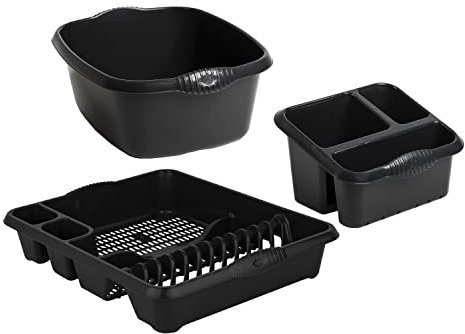 JMS we create smile Midnight Grey/Dark Grey 3-Piece Kitchen Set - Rectangular Washing Up Bowl, Sink Tidy & Large Dish Drainer-Made in UK