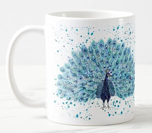 Vixar Peacock Bird Watercolour Art Coloured Mug Cup Gift Birthday Work Office Christmas Tea Coffee (White)