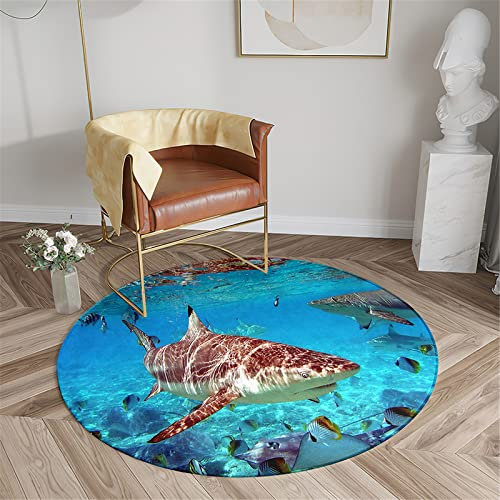 Chickwin Teppich für Wohnzimmer Rund, Meerestiere Muster rutschfeste Teppiche Flanell Flauschig Weich Moderne Fußmatte für Schlafzimmer Kinderzimmer Küche (Durchmesser 100cm,Ozean-Hai)