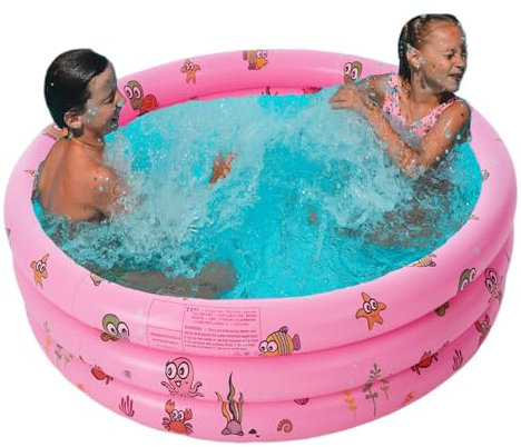 Kids Paddling Pool, 130CM Round Inflatable Bath Tub Plastic Inflatable Pool 3-Ring Swimming Pool with Safty Bubble Floor Paddling Pool Inflatables for Kids, Children (Pink)