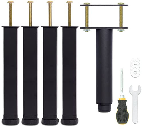 Pied de Lit 22 cm à Visser, Pied Sommier à Lattes Universel, Reglable en Hauteur, Metal, Carré + Rond, Boulons M8, pour le Cadre Métallique d’un Sommier Adulte, Noir, Lot de 5 (4 Latéraux + 1 Central)
