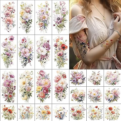 Everjoy Temporäre Tattoo-Hüllen mit Blumenmuster, 12 große Aquarell-Blumen-Tattoo-Aufkleber, 13 kleine gefälschte Blumen-Tattoo-Designs für Frauen und Mädchen