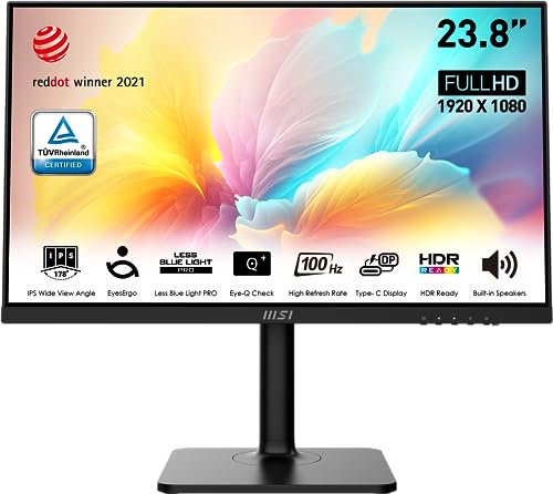 MSI Modern MD2412P, 61.0 cm, 1920 x 1080 (FHD) IPS, FreeSync, HDR Ready, 100Hz, protección Ocular certificada TUV, 1ms, VGA, HDMI, Negro