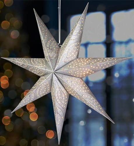 BRUBAKER 60 cm Papier Weihnachtsstern zum Aufhängen - Fenster Adventsstern - 3D Papierstern mit E14 Fassung - Hängende Weihnachtsdeko Leuchtstern mit 3,5 m Kabel - Silber
