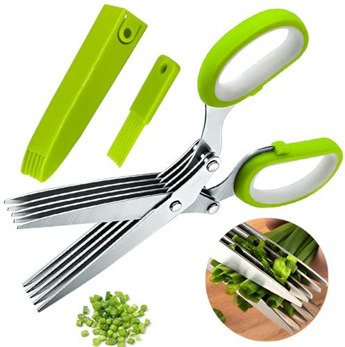 Rukinovi Kitchen Herb Scissors,Multipurpose Food Scissors,5 Stainless Steel Blades and Safety Cover Kitchen Scissorsfor Chopping Chive, Vegetables,Salad,Collard Greens,Parsleyherb Shears (A-Green)