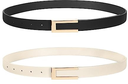 SUOSDEY 2 Pack Schmaler Gürtel für Damen, Dünner Ledergürtel Mode Taillengürtel für Kleid Jeans mit Goldschnalle schwarz+beige