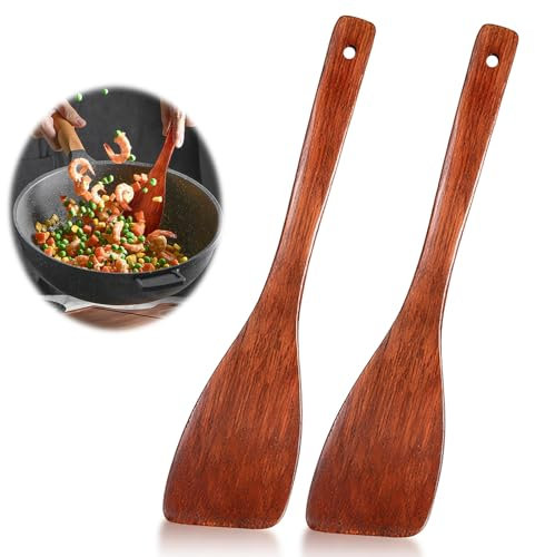 2 Stück Holzspatel Zum Kochen Pfannenwender Aus Holz Holzspatel Küche mit Maserung Langem Griff Antihaft Holzspachtel für Wok Pfanne mit Antihaftbeschichtung(33cm/12.99inch)