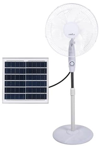 ABRILA - Ventilador de Pie Solar DC FRONTERA | Color Blanco con cinco Aspas | 3 Velocidades Ajustables | Incluye un Panel Solar | Equipado con Puerto USB y Mando a Distancia | Cabezal 2 Funciones