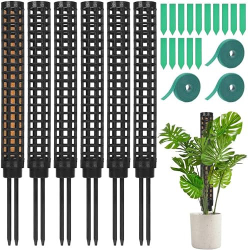 KAHEIGN 6Pcs Moosstab für Monstera Rankhilfe Zimmerpflanzen, 25cm Moosstab Rankhilfe Stapelbare Pflanzstäbe, Rankstab mit 15 Pflanzenetiketten und 3 Rolle Klettverschluss für Kletterpflanzen