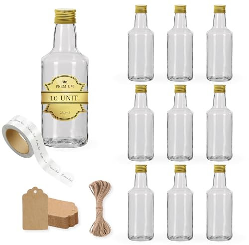 10x Bouteilles en Verre 250ml avec Bouchon à Vis Doré + 10 Étiquettes Autocollantes + 10 Étiquettes Kraft + Ficelle - Cidre, Huile d'Olive, Vinaigre, Liqueurs et Vin - Souvenirs et Cocktails