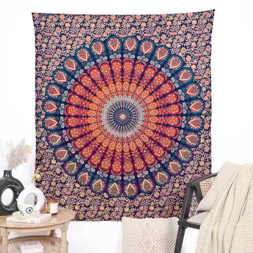 Goldblauer Pfauen-Mandala-Wandteppich – Wandbehang, psychedelische Boho-Bettwäsche, dekorative böhmische Hippie-Wandteppiche für Wohnzimmer, Schlafzimmer – 137,2 x 213,4 cm