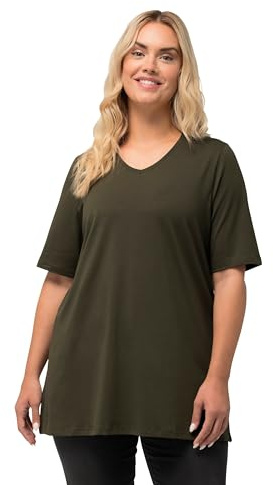 Ulla Popken Damen große Größen Übergrößen Plus Size T-Shirt, A-Linie, V-Ausschnitt, Halbarm waldgrün 46+ 807284201-46+