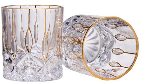 GLASKEY Verre à Whisky en Cristal à Bordures Dorées,Lot de 2,Verre de Whisky à l'ancienne,Luxueux Collection Or,pour le Scotch Bourbon Rocks Cognac Vodka Gin Tequila Rhum Liquor,Cadeaux Homme