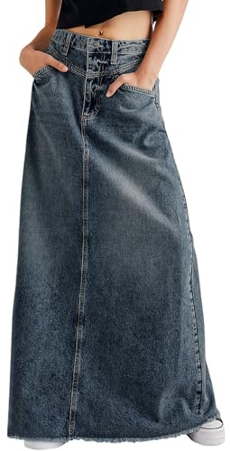 CHARTOU Maxikjol i denim och vintagestil för damer, med rå fransad fåll, hög midja och A-linjeform, lång jeanskjol