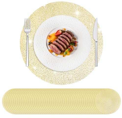 Hysenm 50 Stück Einweg-Tischsets, Goldfarben, 33 cm Rund Ultradünn, Foliennetz, gepresste Tischdeckchen, Einweg-Platzdeckchen für Heimdekoration, Esstisch, Hochzeit, Geburtstag, Party