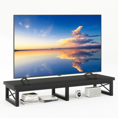 IBUYKE 45 Large TV Riser for 32-60 inch TV,Tabletop Short TV Stand with Storage and Steel Legs,Dual Screen Office Desk,Stand Riser,TV Riser Stand for Home,Bedroom,Living Room,Black TVT002B