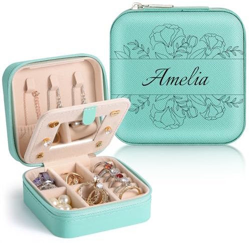 SPETYORT Personalisierte Schmuckkästchen Mädchen, Reise Schmuckkästchen mit Geburtstagsblume und Namen, Schmuckkästchen Klein für Ohrringe, Halsketten, Ringe, Personalisierte Geschenke Mädchen
