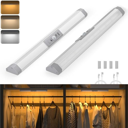 WOBANE Wardrobe Lights Motion Sensor,3 Color Dimmable,Upgraded Eye Protection Design,USB Rechargeable Night Light,Magnetic Stick on Lights for Cupboards,Stairs,Hallway,Bedroom,Loft,2pack,30cm