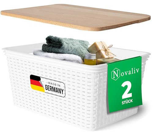 Novaliv 2er Set Eleganter Aufbewahrungskorb mit Holzdeckel in Rattan-Optik | Weiß Lebensmittelecht Kunststoff 14L ? Perfekt für Bad & Kleidungsaufbewahrung. Aufbewahrungsbox Badezimmer Körbchen.