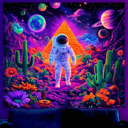 WEBEEDY Leuchtendes Galaxy Weltraum Tapestry UV Reaktives Astronauten Tapestry Bunte Blumen Wandteppiche Wanddekoration Für Schlafzimmer Wohnzimmer Ästhetik 130x150cm
