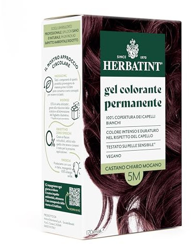 Herbatint Permanentes Haarfärbe-Gel, 5 m, hellbraun, Mahagoni, 170 ml, ohne Ammoniak, 100% Abdeckung für weißes Haar, für empfindliche Haut, mit 8 natürlichen Bio-Extrakten