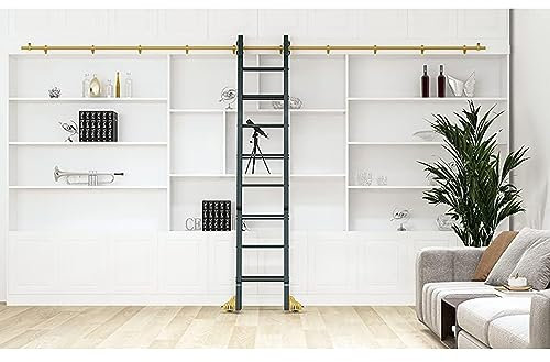 TWHZSAI 3.3ft-26.2ft Round Tube Sliding Library Ladder Hardware Rolling Full Set Track Kit for Wooden Ladder(No Ladder), Floor Roller with Brake, Golden Surface (Size : 8ft/244cm track kit)
