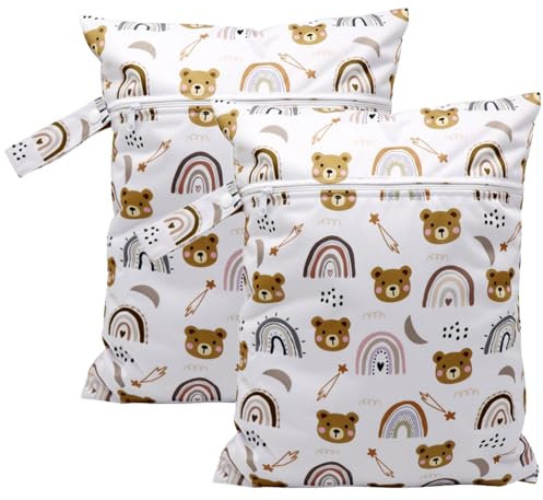 YNR 2 Stück Bär Wetbag Kindergarten Groß,Windeltasche mit Reißverschluss,Nasstaschen Wiederverwendbare,Nasse und Trocken Wickeltaschen für Baby Reisen Unterwegs Kleinkind-Windeln Schwimmen Fitness