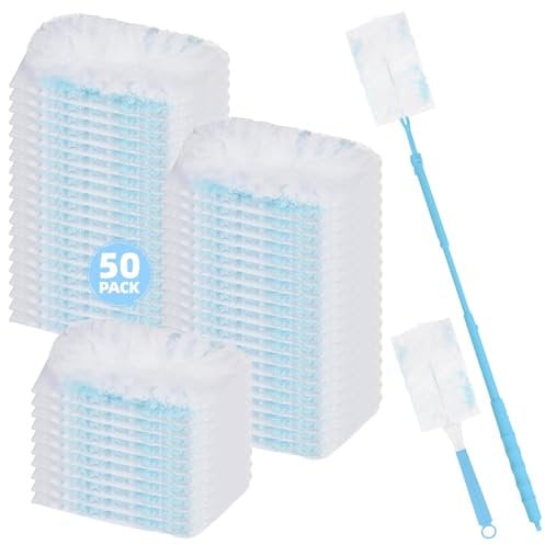 Nicemiya 52-Pack Duster Refills Compatible with Flash & Swiffer Dusters, Flash Dust Magnet Refills-Effectively Removes Dust, Dirt and Pet Hair for Home & Office Cleaning (50 Refills + 2 Handles, Blue)