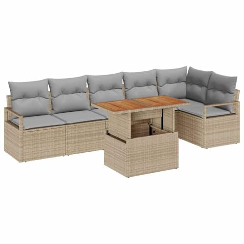 vidaXL 7-teiliges Garten-Sofa-Set mit Kissen in Beige aus Poly-Rattan und Akazienholz – wetterfeste modulare Gartenmöbel für Terrasse oder Patio, inklusive ausziehbarem Sofa für die Veranda.