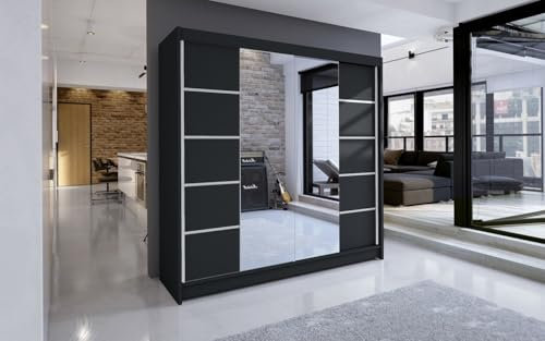 ELUKS - DERVINO Sliding Doors Wardrobe with Mirror Furniture for Bedroom Living Room and Hall Wardrobe Organizer Width 100cm/120cm/150cm/180cm/200cm/WHITE/BLACK/OAK (Black, 180cm)