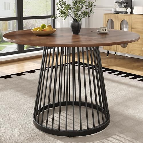 Pangshiyuan Table à manger ronde 80 x 80 x 76 cm avec plateau en MDF couleur noyer et pieds en métal noir, table de cuisine pour 4 personnes, table basse, convient pour salle à manger, salon