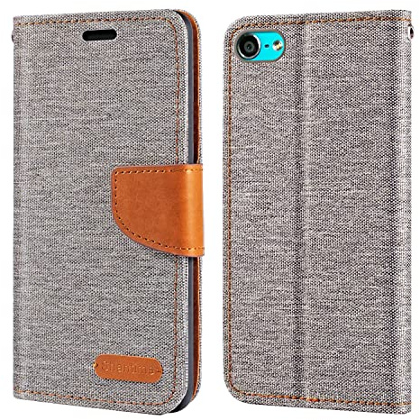 Shantime Geflochtene Lederhülle für iPod Touch 7 - Grau | 4 Oxford-Gewebe-Wallet-Flip-Cover mit innerer TPU-Schale, integriertem Ständer und Kartenfächern