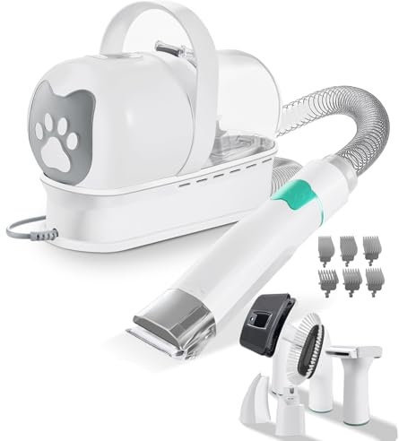 Fellpflegeset, Haustier-Fellpflege-Staubsauger-Set, Haarentferner-Absaugung, 99 % Tierhaare, 7-in-1-Fellpflegewerkzeuge mit professioneller Haarschneidemaschine für alle pelzigen Haustiere(White)