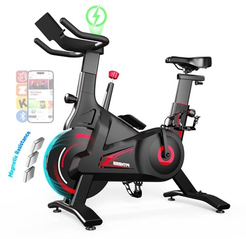 Bluearth Selbstbetriebener Heimtrainer mit dynamischen LED-Lichtern, stabiler Dreiecksrahmen, zweistufiger Antrieb, 136 kg Kapazität, leiser Magnetwiderstand, kompaktes stationäres Indoor-Fahrrad für