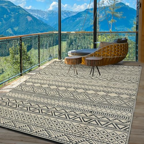 CAROMIO Alfombra impermeable para exteriores, 180 x 270 cm, plegable, de paja plástica, para camping, bohemio, geométrico, exterior, reversible, alfombra de área, patio trasero, balcón, terraza