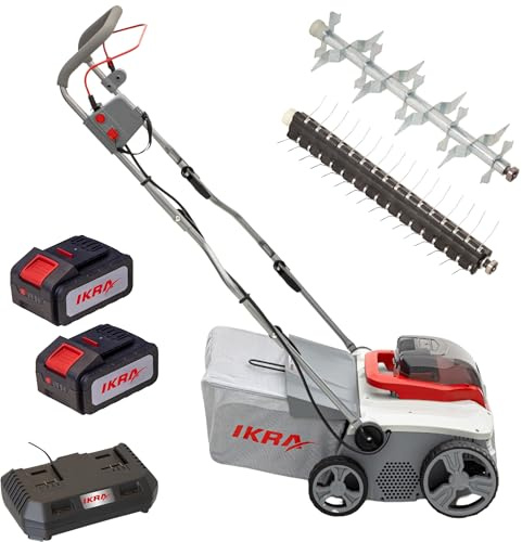 IKRA scarificatore arieggiatore a batteria 3in1 IAVL 2-2040, larghezza 40cm | Inclusi 2 batterie 20V 4,0Ah e caricatore rapido, cesto 40 l, +12/-3 mm, cambio rullo senza attrezzi, IKRA 20V