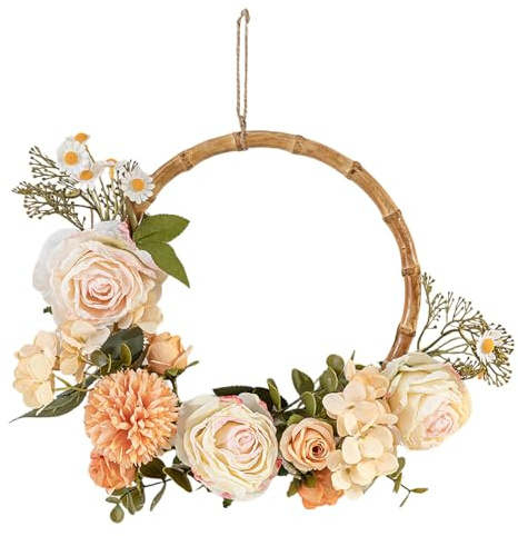 Türkranz Kranz Deko, 37cm Türkranz Frühling Haustür, Frühlingskranz mit Künstliche Rose, Kamille Blumen und grünen Blättern, Holzperlen Willkommen Girlande Wandkranz Hängedeko für Hochzeit Wohnzimmer