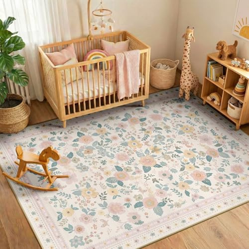 INOVADAY Waschbarer Teppich 120x180 cm Hellbeige Wohnzimmer Teppich | Schlafzimmer, Küche, Eingangshalle, Badezimmer, Esszimmer, Kurzflor, Rutschfest, Blumen Print, Boho, Weich, Pflegeleicht