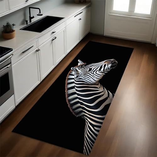 Schwarz Teppich Läufer Flur Küche Zebra rutschfest Waschbar Lang Küchenläufer Küchenteppich Teppich für Eingangsbereich Wohnzimmer Schlafzimmer 60 x 180 cm