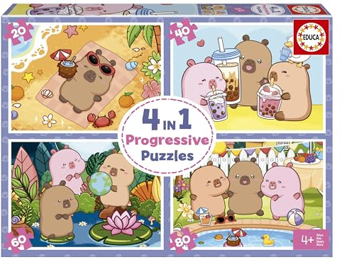 Educa - Multi 4 Capyfun | Set mit 4 progressiven Puzzles für Kinder von 20 bis 80 Teilen | Alter 3, 4, 5 (20486)
